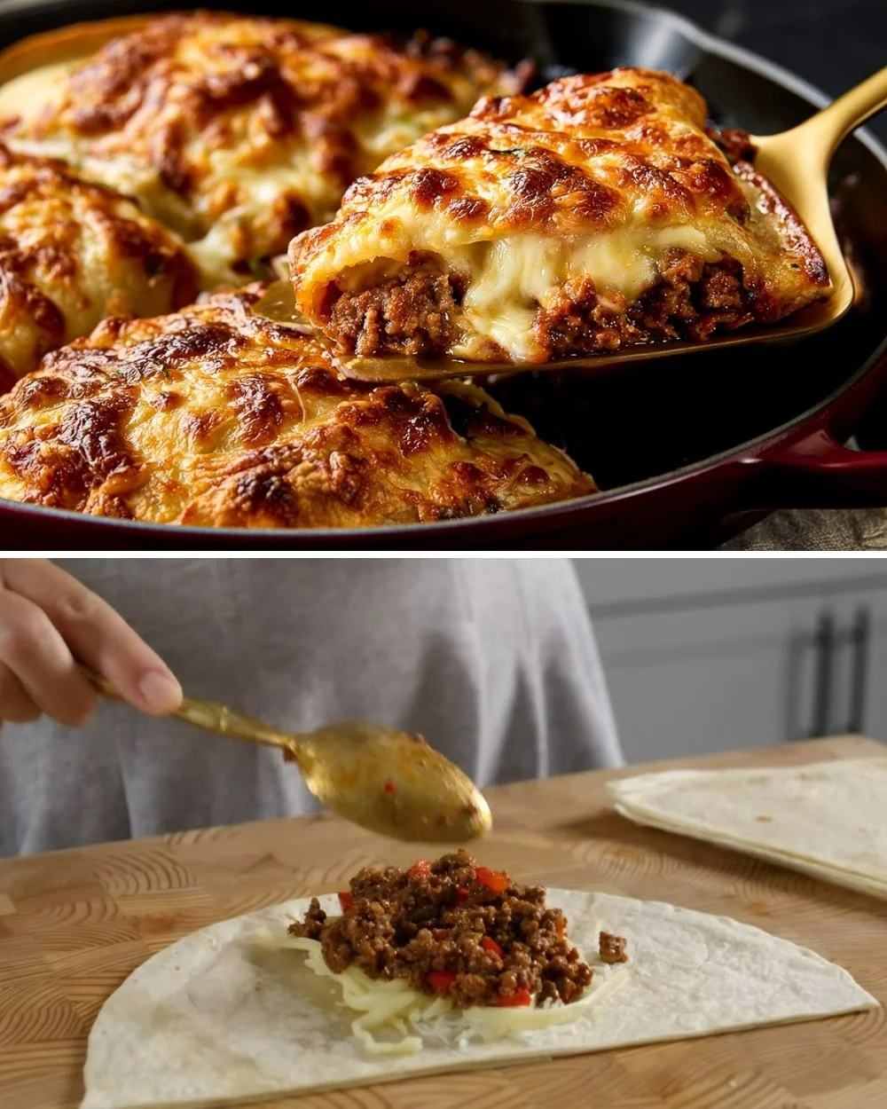 Goudbruine tortilla pockets met gekruid rundergehakt en gesmolten kaas