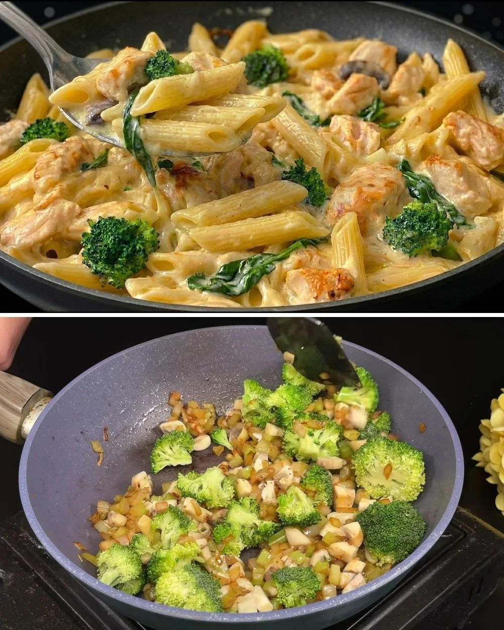 Heerlijke pasta met kip geserveerd in een kom