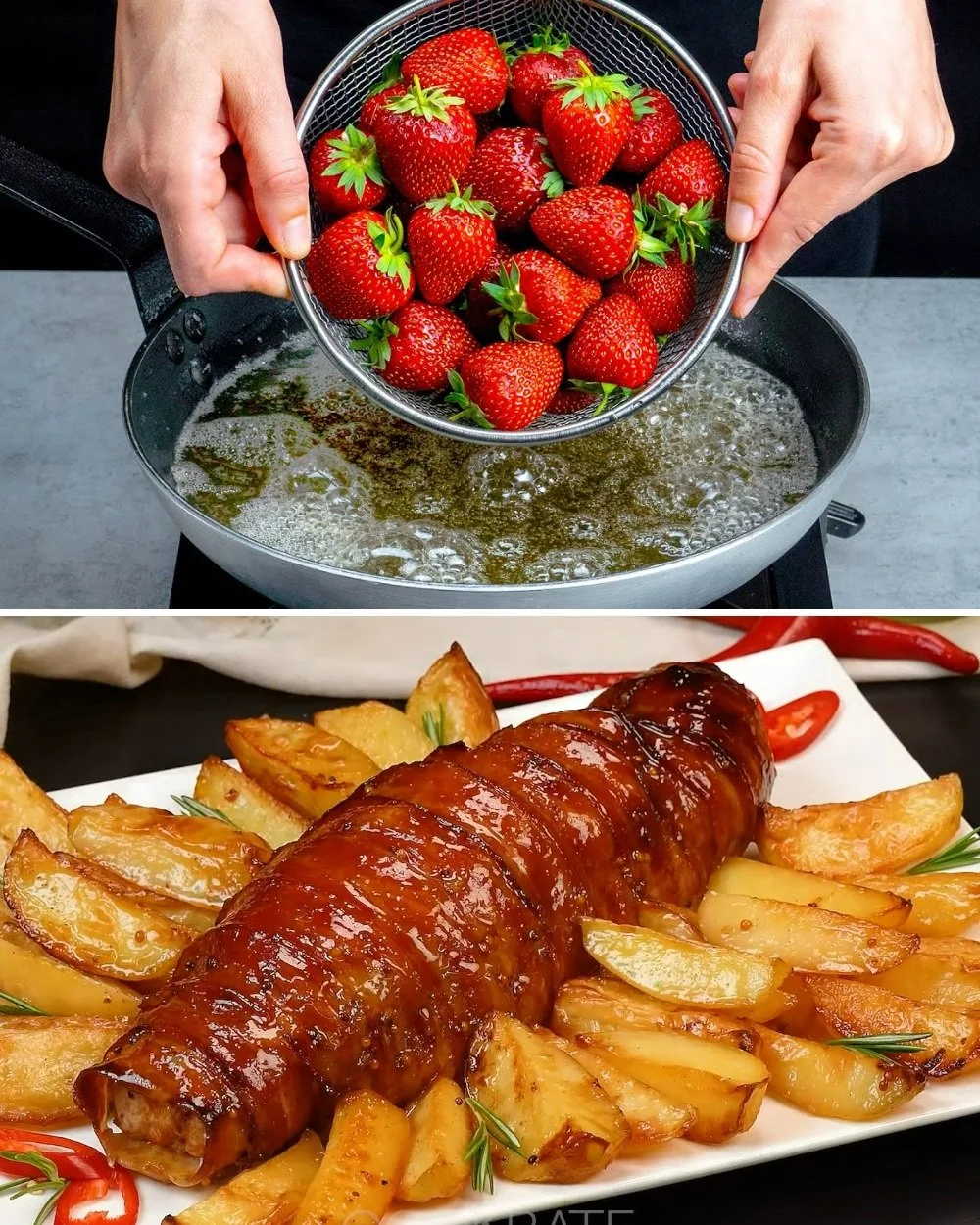 Gevulde varkenshaas op een bord, geserveerd met groenten en saus.