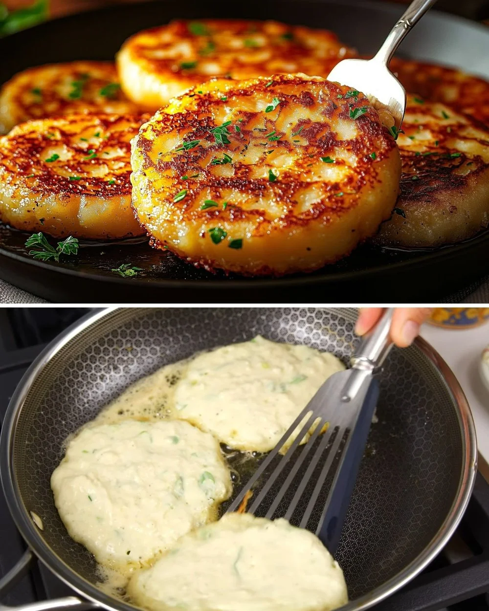 Ierse aardappel pannenkoeken op een bord met kruiden