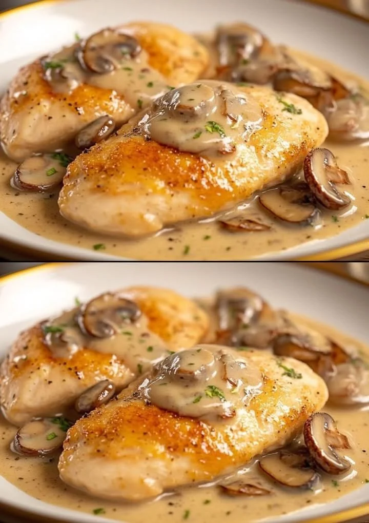 Eenvoudig recept voor kip met champignons op een bord