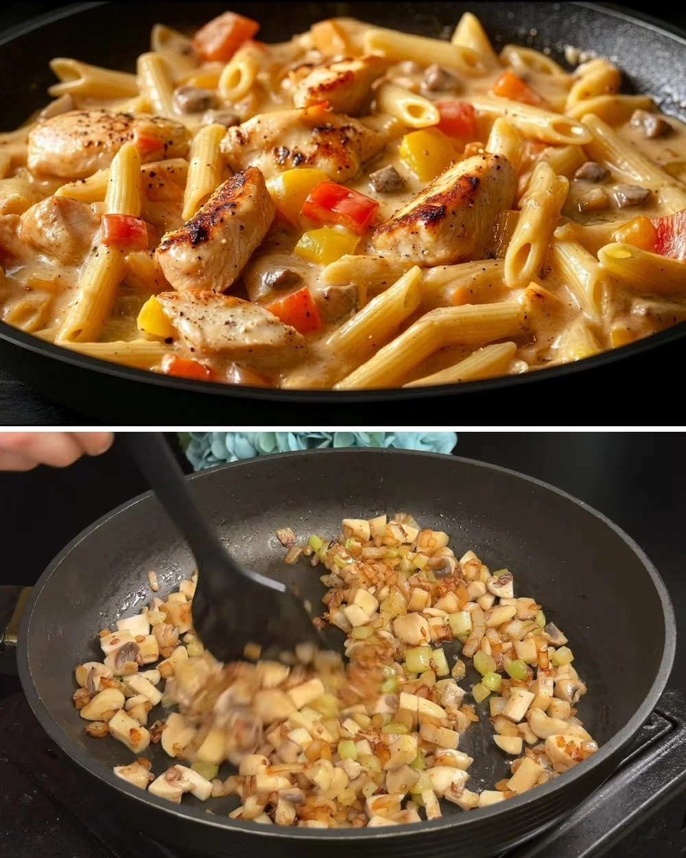 Heerlijke Kip Pasta met romige saus geserveerd op een bord.