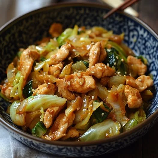Kip roerbak met Chinese kool in een pan, eenvoudig recept voor een gezonde maaltijd.