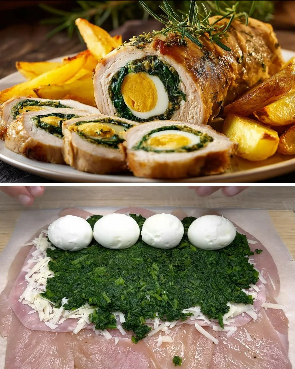 Kiprolletje met ham, spinazie en eieren op een bord