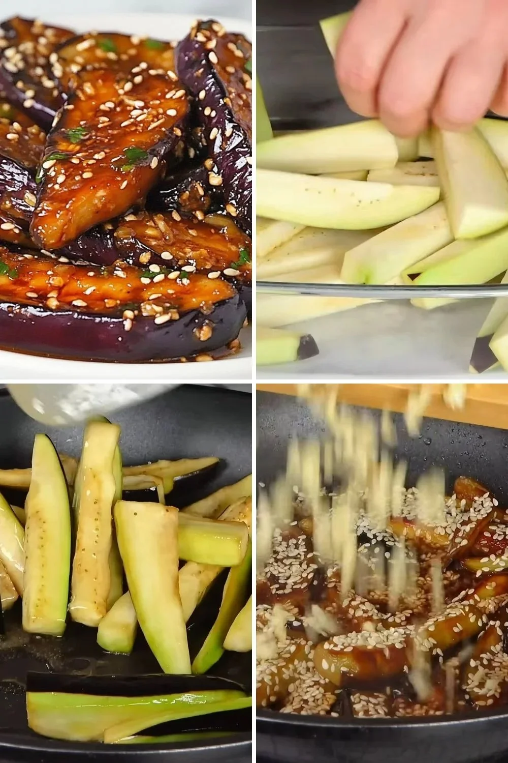 Knapperige gefrituurde aubergine met sesam op een bord