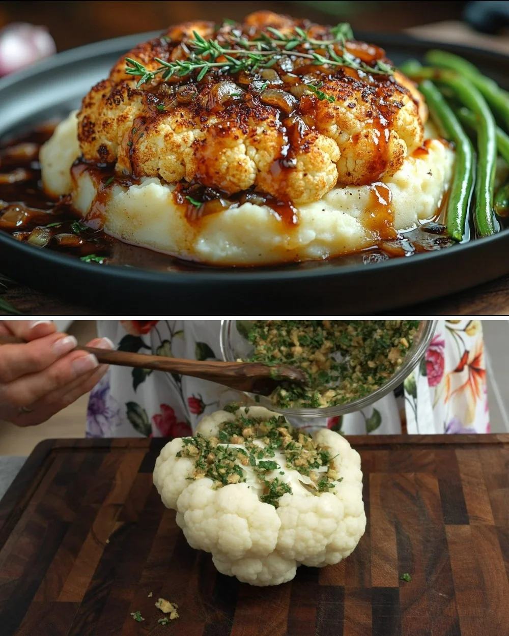 Krokante Vegan Bloemkoolbraadstuk met aardappelpuree en donkere uienjus op een bord