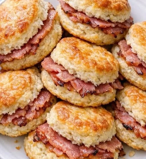 Kruidige biscuit sandwiches met country ham, perfect voor een smakelijke lunch.