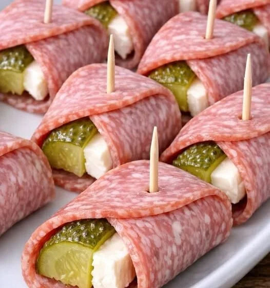 Laag koolhydraat salami-augurk hapjes met drie ingrediënten op een bord