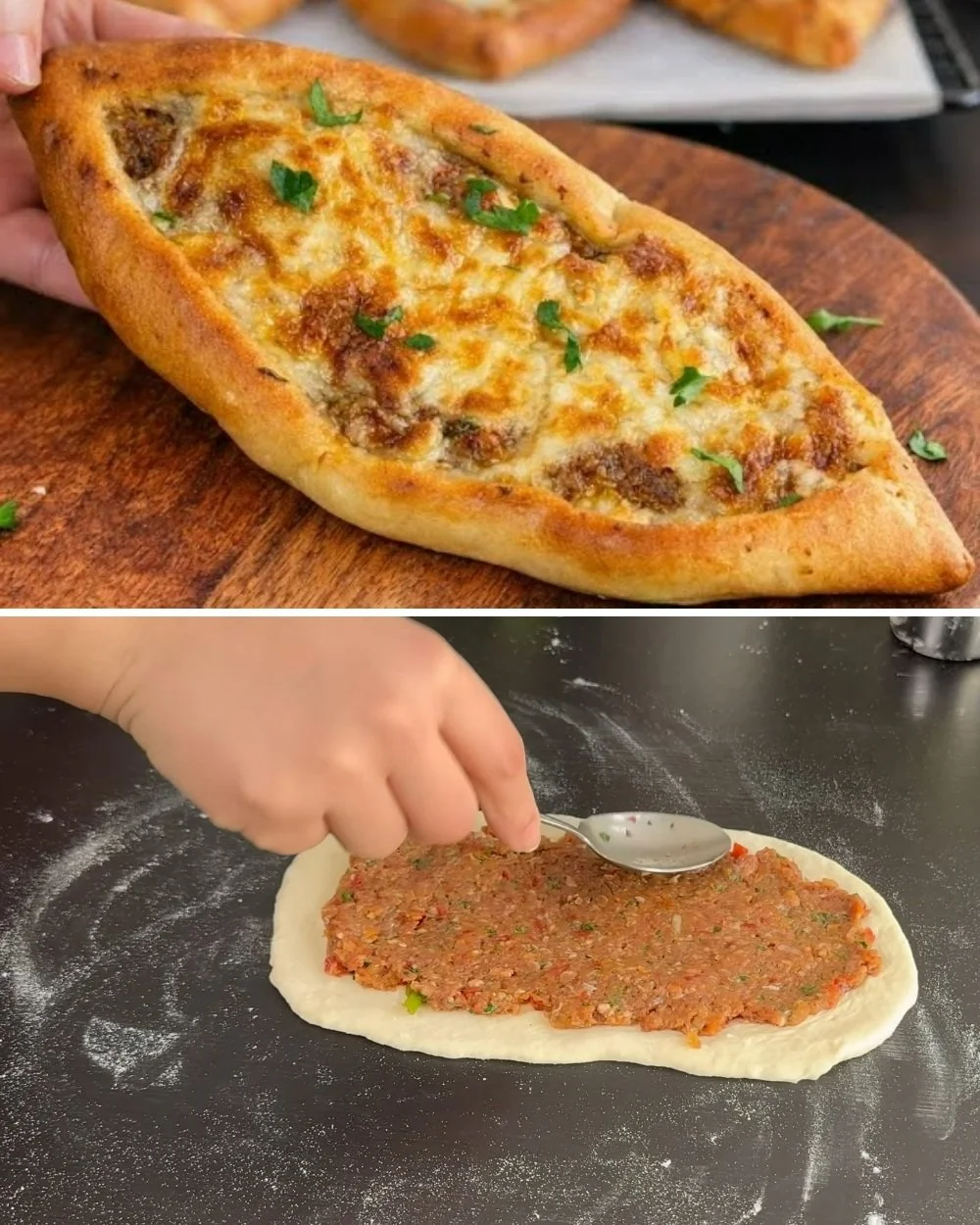 Zelfgemaakte Turkse pide met verse ingrediënten op een houten tafel