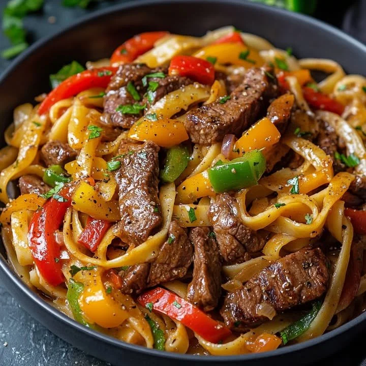 Malse biefstuk en paprika's in een smaakvolle pastaschotel
