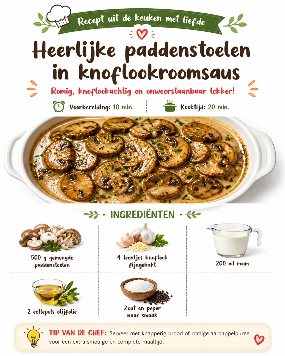 Paddenstoelen met knoflookroomsaus in een pan, eenvoudig recept voor thuis