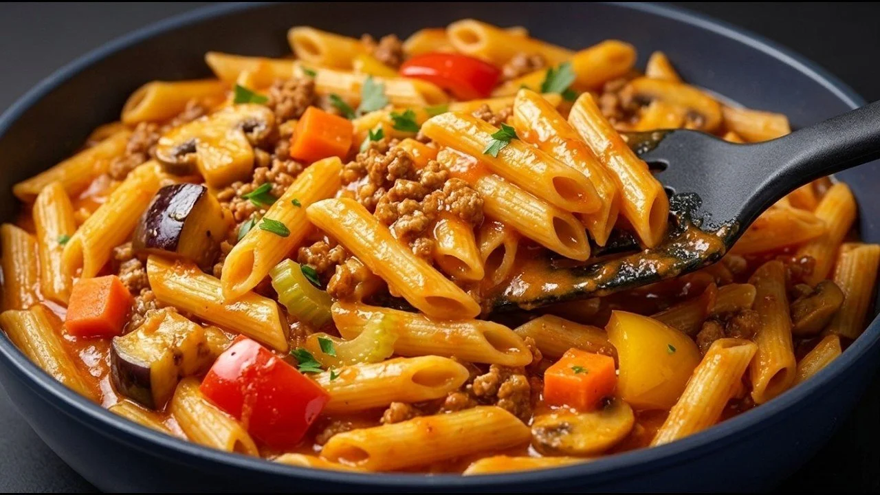 Heerlijk bord Pasta met Gehakt geserveerd met groenten en kruiden