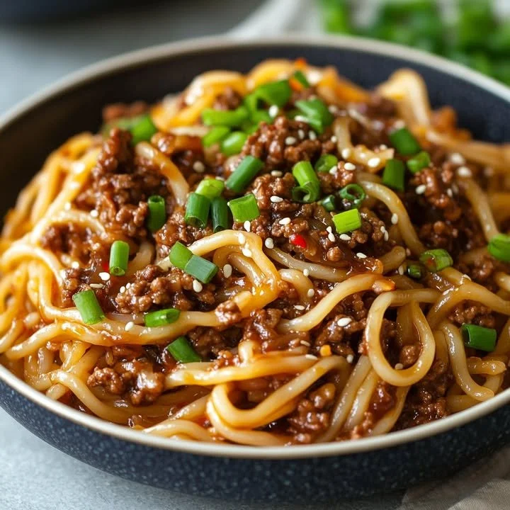 Pittige rundvlees met knoflooknoedels gerecht op een bord