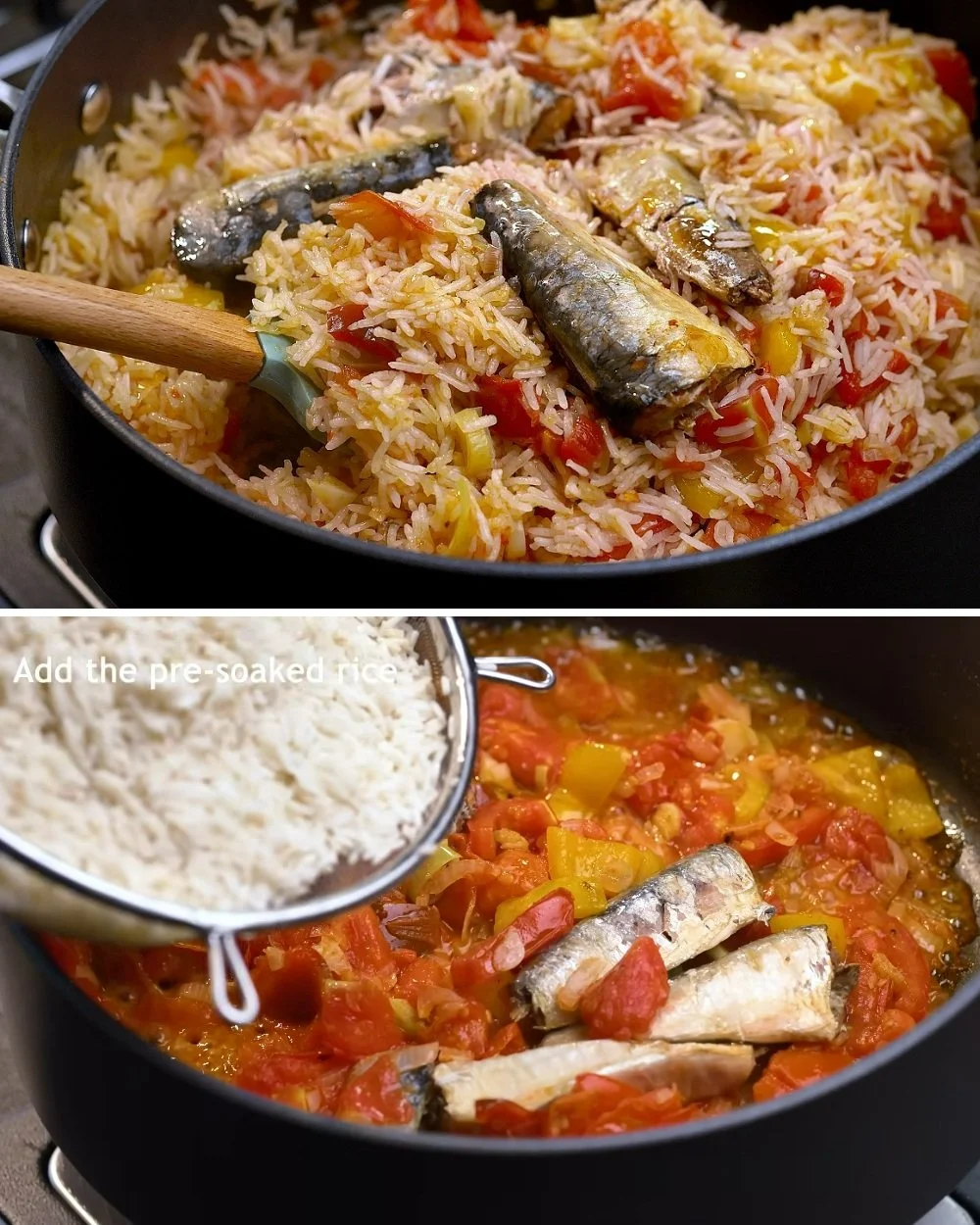 Eenvoudig recept voor rijst met sardines op een bord.
