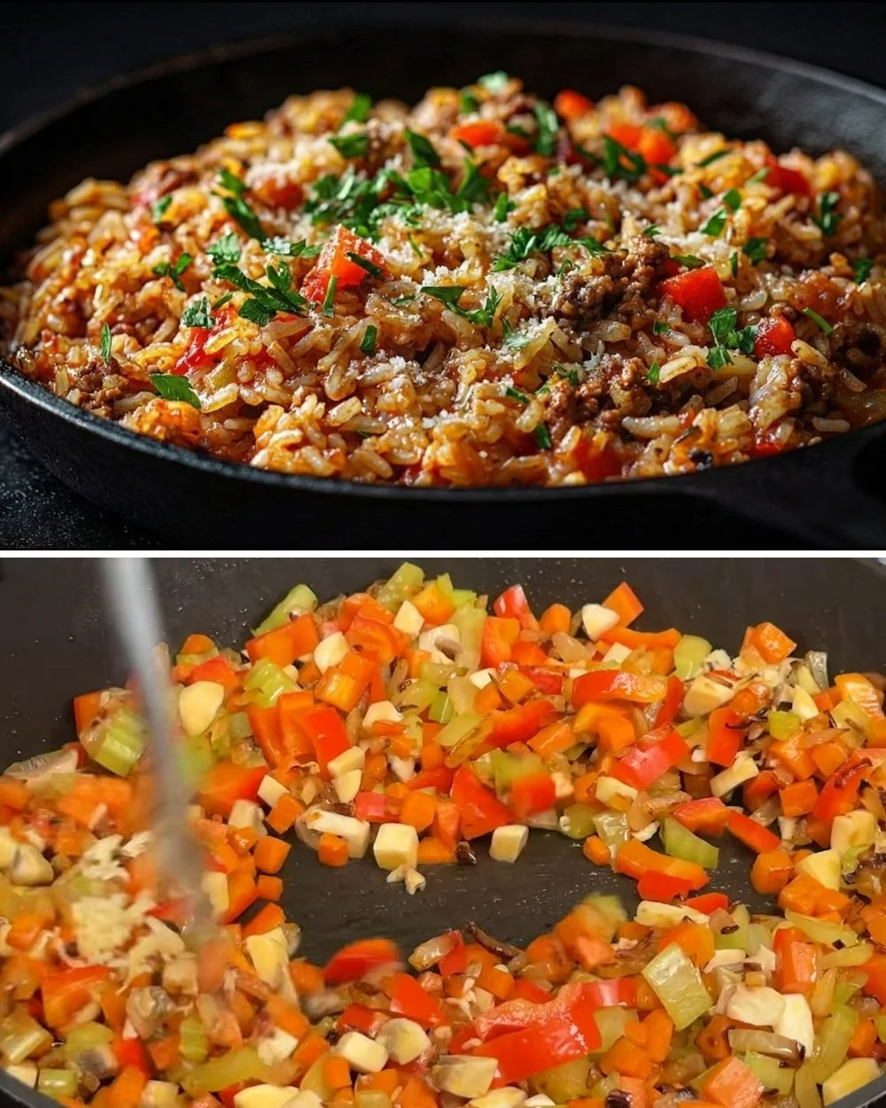Rijstgerecht met gehakt, geserveerd met groenten en kruiden.