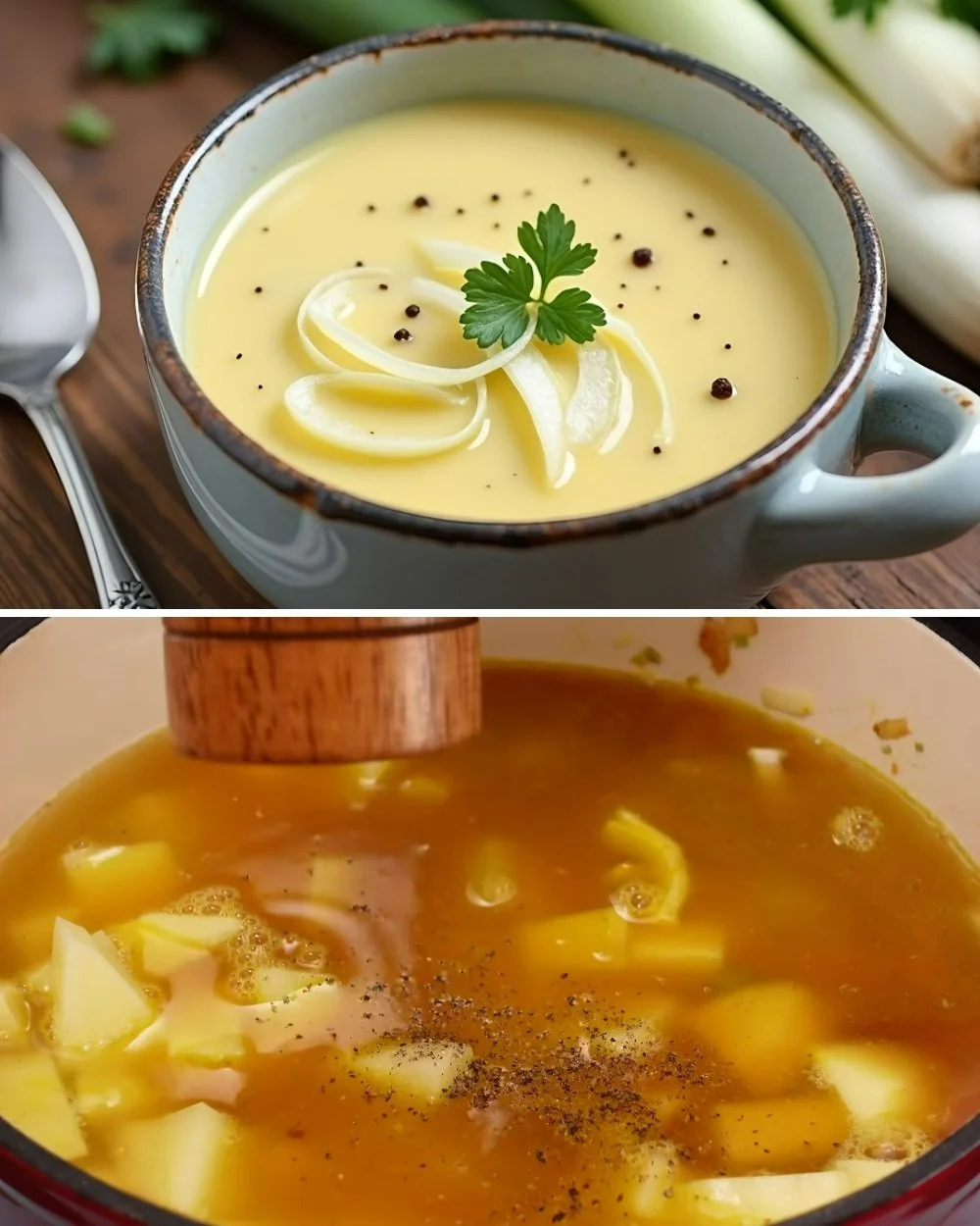 Romige aardappel preisoep in een kom, vers gemaakt met prei en aardappelen.