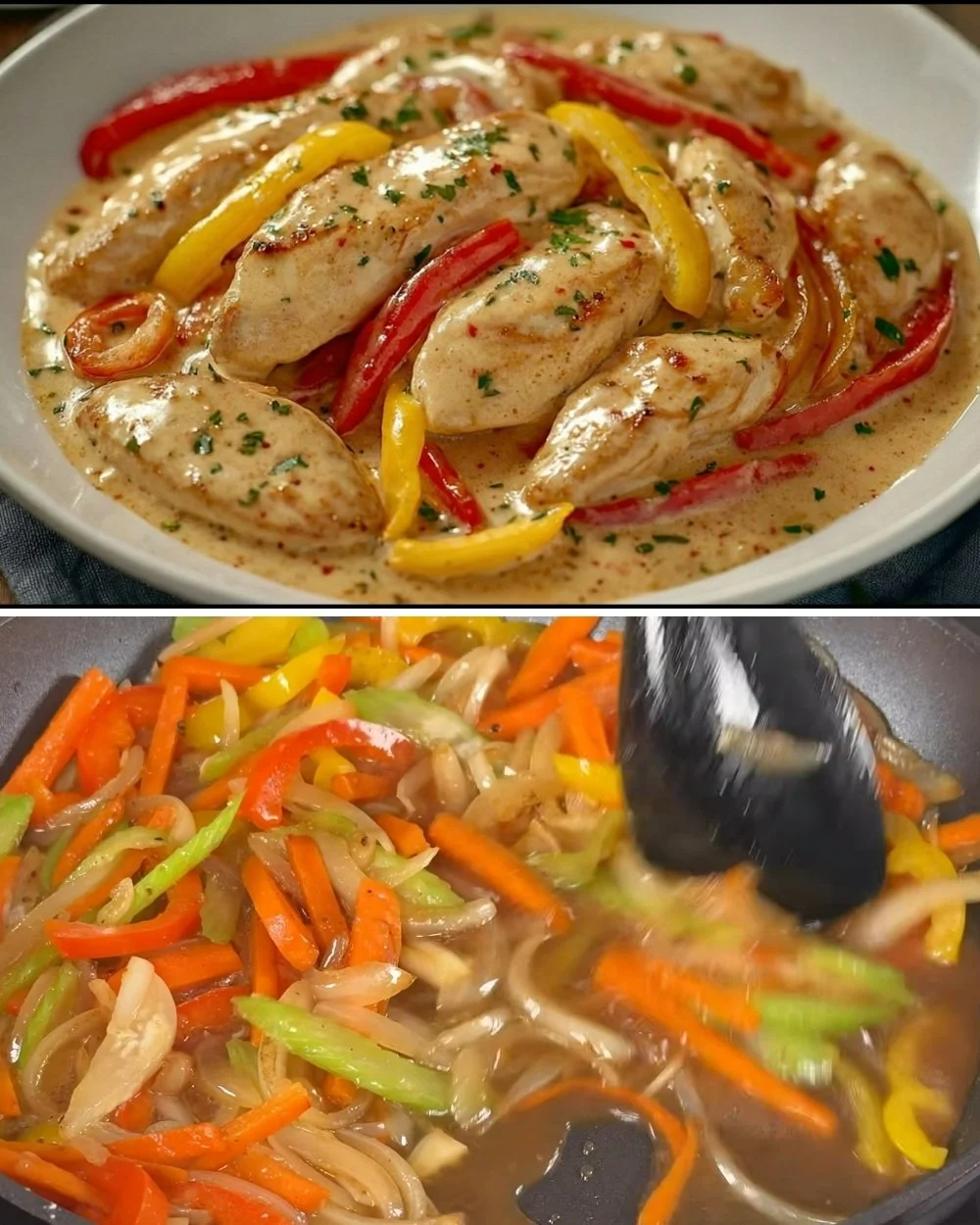 Romige kip met smaakvolle kruiden en pasta op een bord