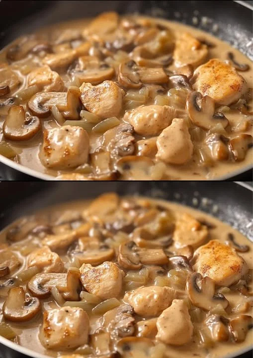 Romige kipfilet met champignonsaus op een bord, klaar om geserveerd te worden.