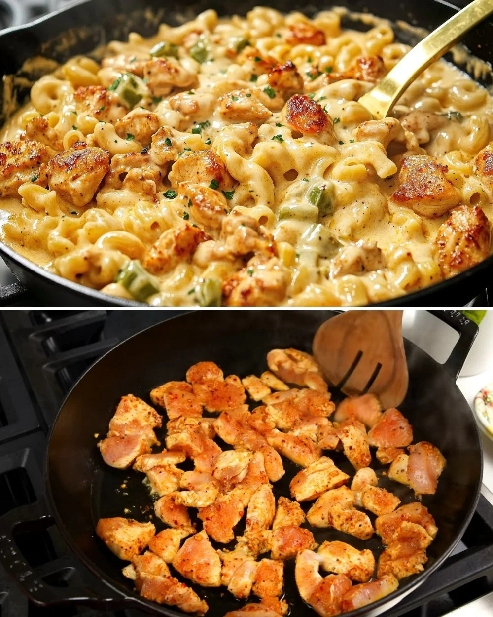 Romige pasta met kip en kaas in een mooie serveerschaal