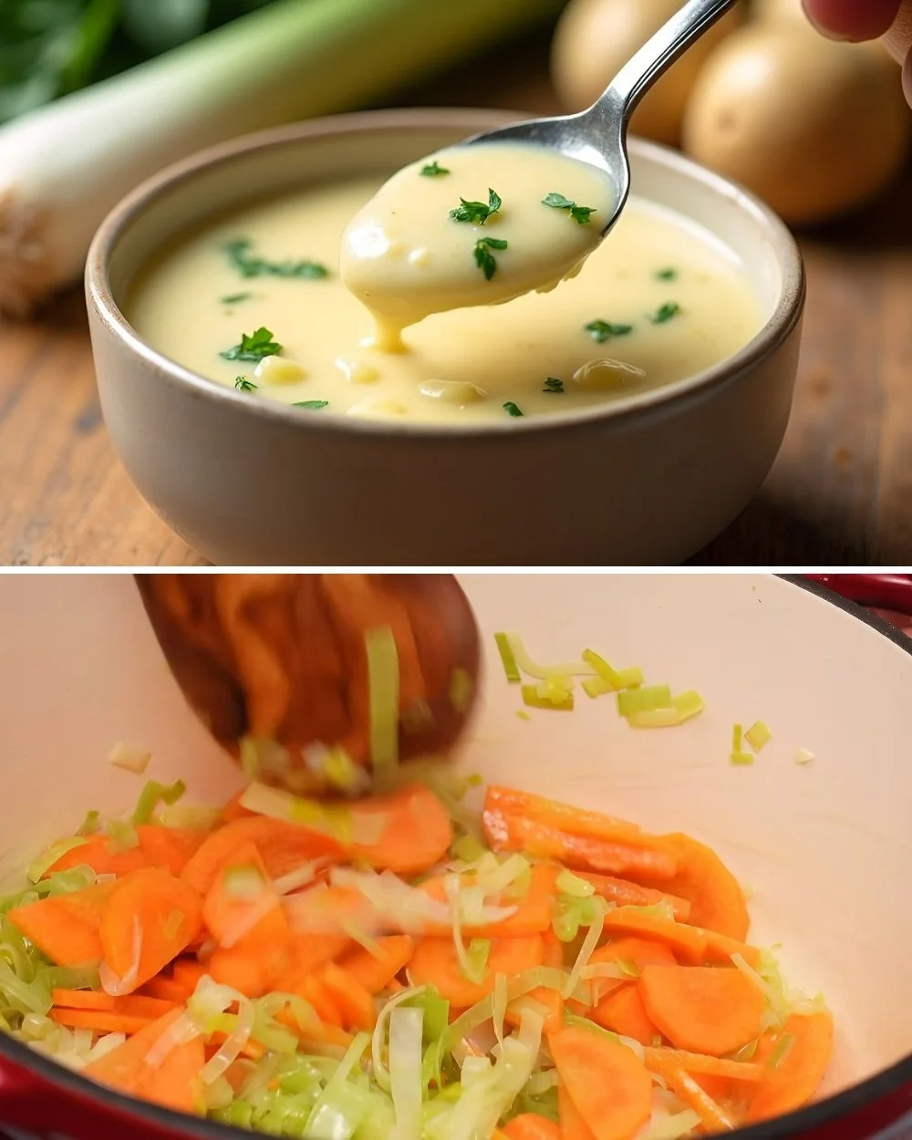 Romige soep met aardappel en prei in een kom, versierd met kruiden.