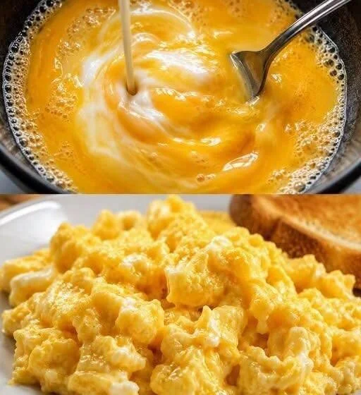 Heerlijke scrambled eggs geserveerd op een bord