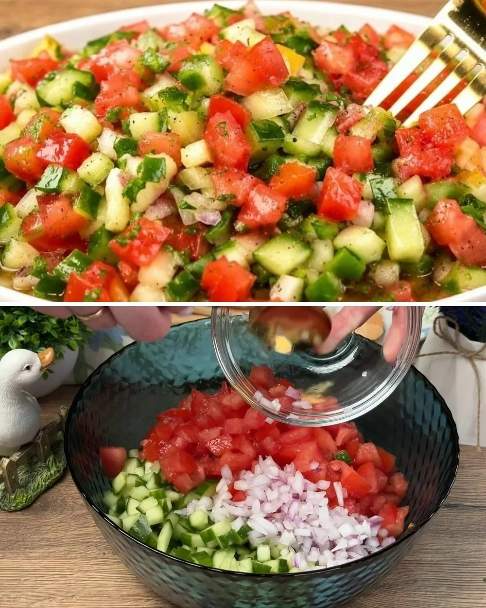 Heerlijke Shirazi Salade met komkommer, tomaat en uien, versierd met kruiden.