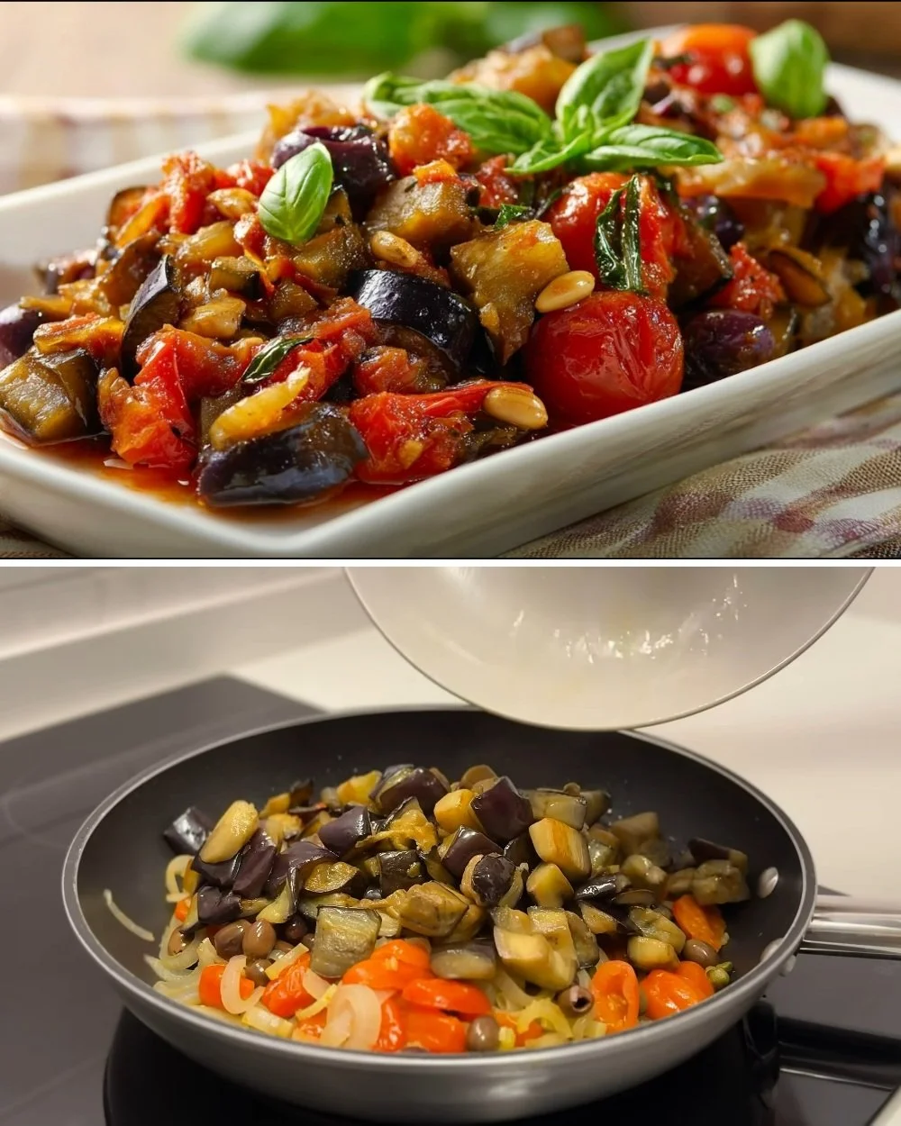 Een heerlijke Siciliaanse aubergine caponata in een kleurrijke schaal.