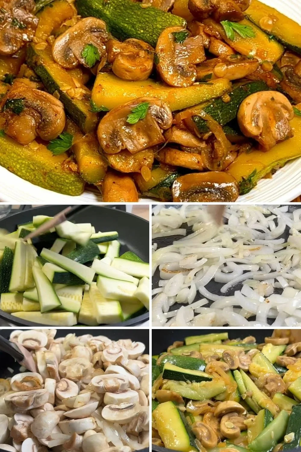 Snel gebakken courgette met champignons in een pan, klaar om te serveren.