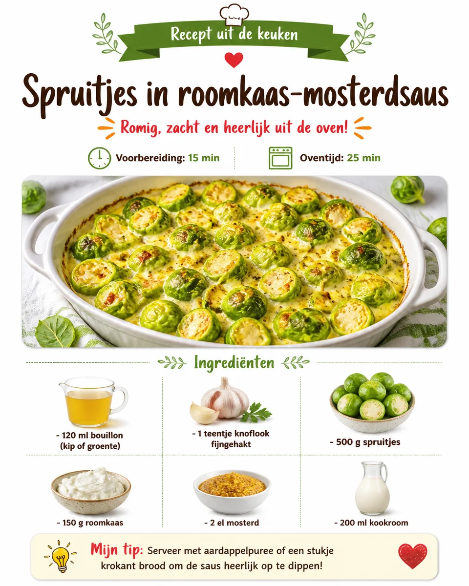 Spruitjes in roomkaas-mosterdsaus bereid volgens een eenvoudig recept