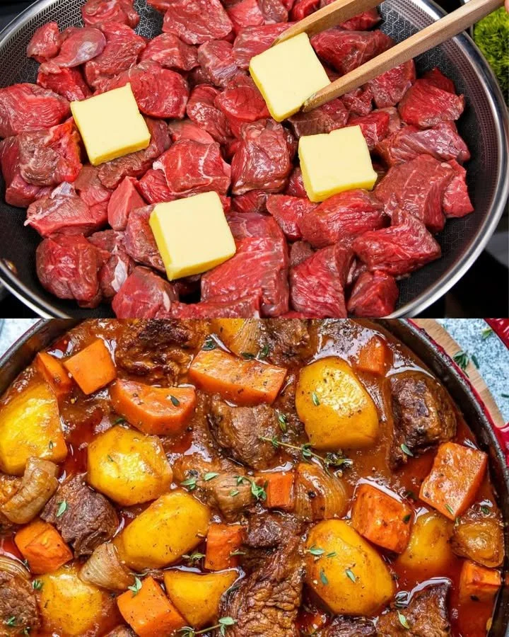Heerlijke Runderstoofpot klaar in een schaal met verse kruiden op tafel