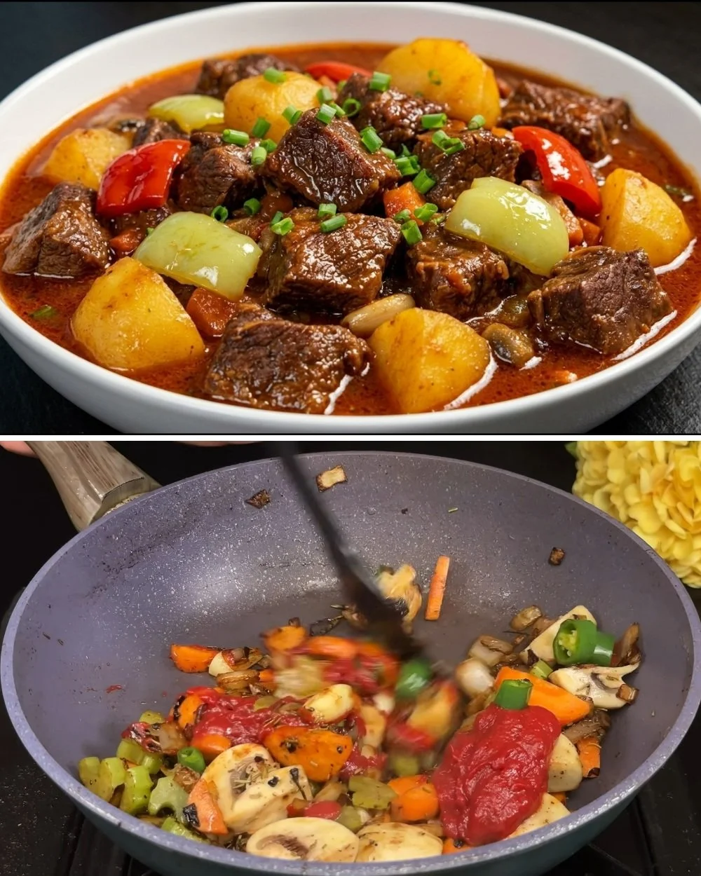 Heerlijk stoofvlees in een pan, bereid volgens traditioneel recept.