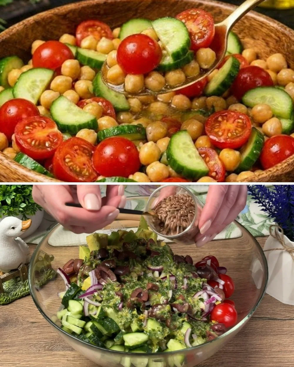 Heerlijke Mediterrane kikkererwtensalades met verse ingrediënten en smaken.