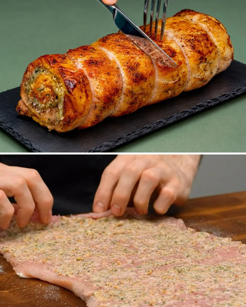 Heerlijke en sappige vleesrolade geserveerd met groenten en saus.