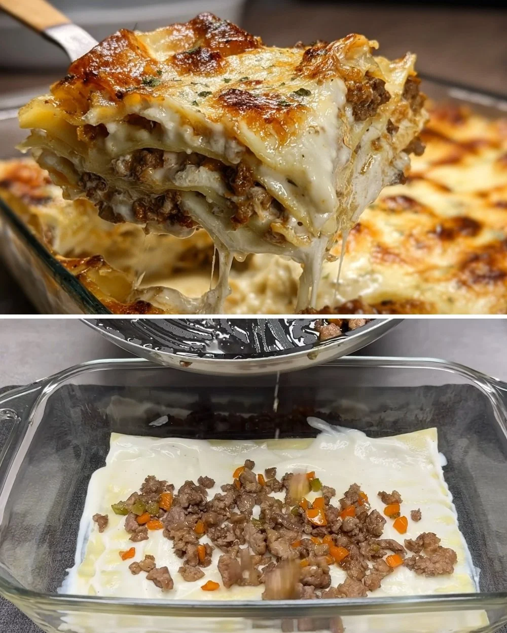 Witte lasagne met worst en aubergine, een eenvoudig en smakelijk recept