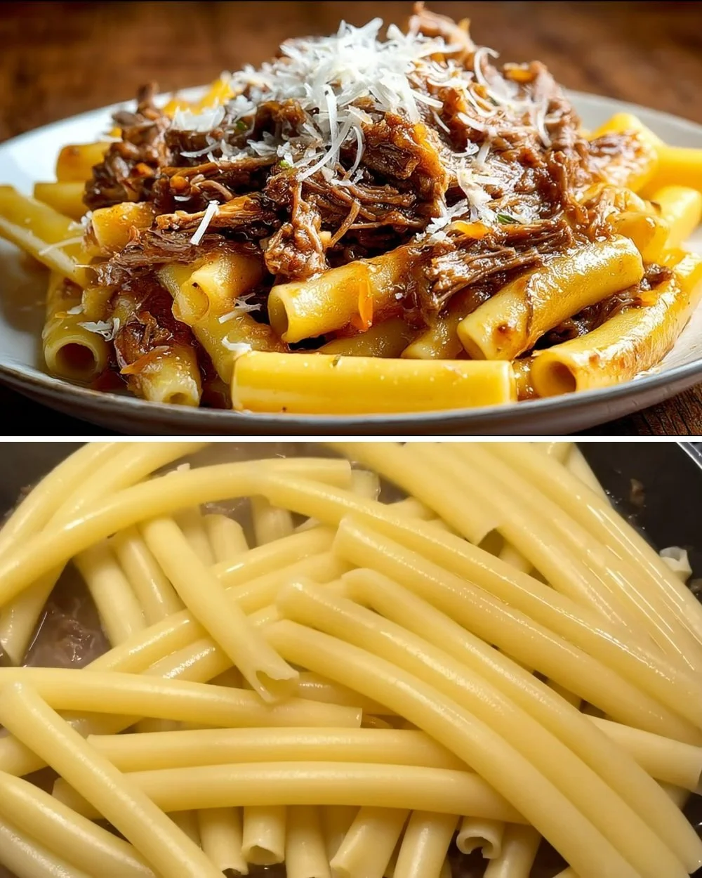 Ziti alla Genovese met Spaghetti Bolognese, een smakelijk Italiaans gerecht.