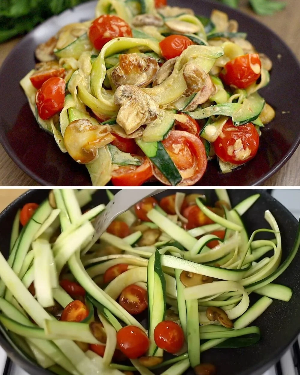 Zucchini recept met champignons en tomaten, eenvoudig en gezond gerecht.