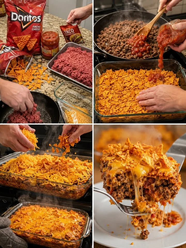 Doritos Taco Ovenschotel met vlees en groenten in een ovenschaal