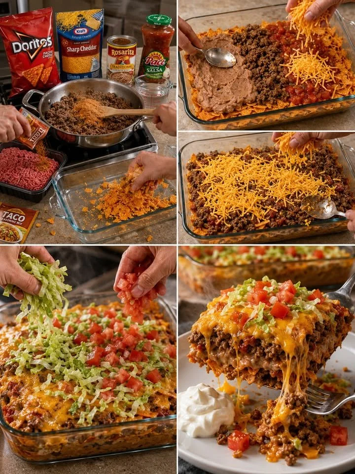 Eenvoudig ovengebakken walking taco recept met ingrediënten en toppings.