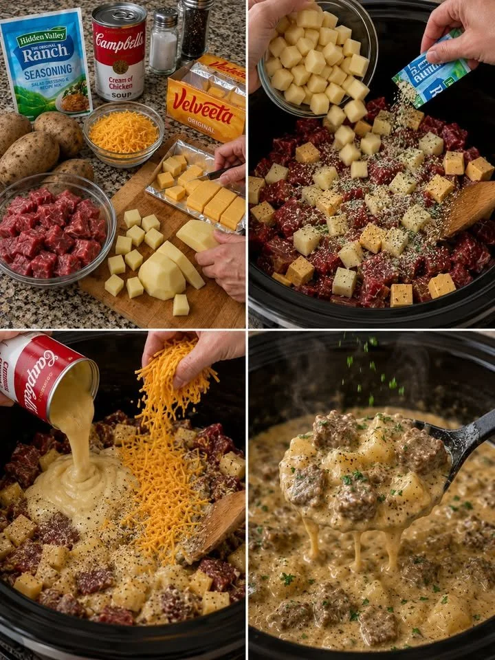 Kaasachtig ranch rundvlees met aardappelen op een bord