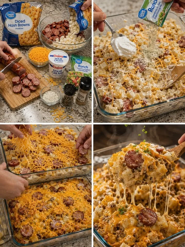 Kaasachtige aardappelen met ranchsaus en worst op een bord