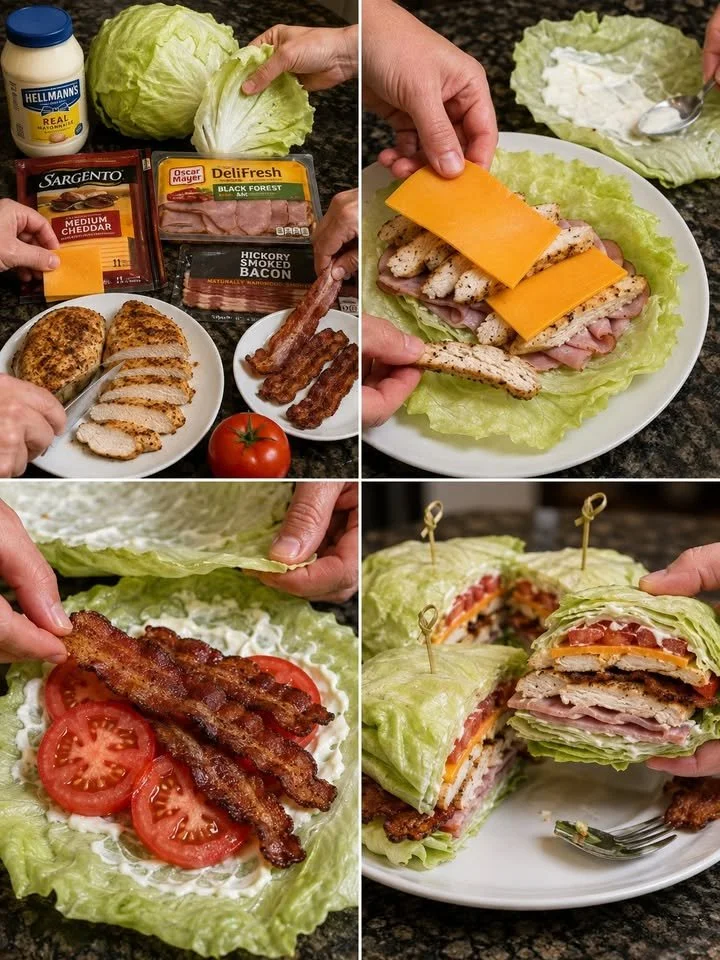 Kip club sandwich met weinig koolhydraten op een bord