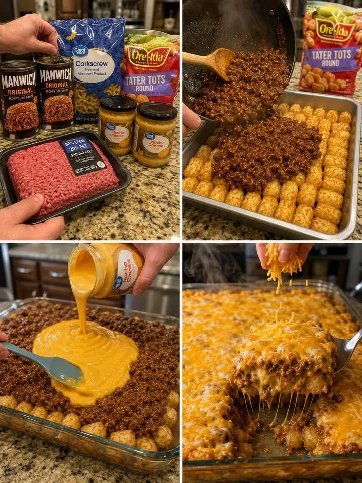 Heerlijke Manwich Tater Tot ovenschotel met gesmolten kaas en lekkere ingrediënten