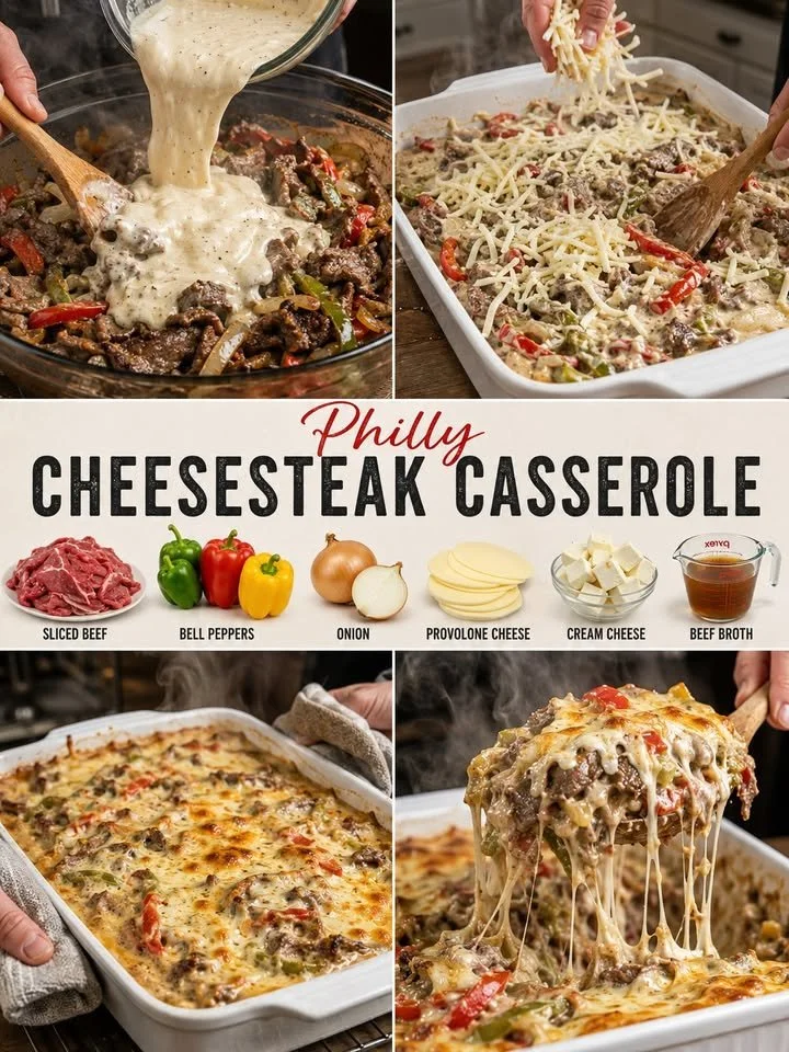 Eenvoudige en smakelijke Philly Cheesesteak ovenschotel met gesmolten kaas.