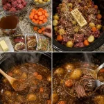 Hartige rundvleesstoofpot uit de slow cooker op een tafel gezet voor een dineravond.