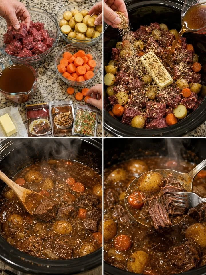 Hartige rundvleesstoofpot uit de slow cooker op een tafel gezet voor een dineravond.