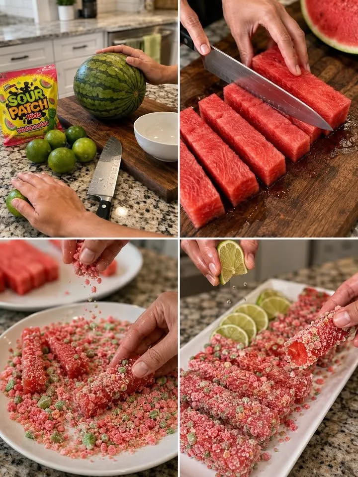 Recept voor Sour Patch Watermelon Sashimi met kleurrijke ingrediënten