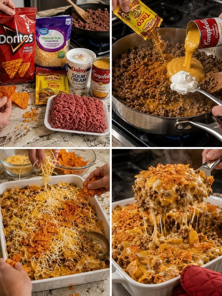 Witte Trash Casserole met aardappelen, vlees en kaas in een ovenschotel
