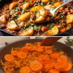 Eenpansdiner met aardappelen en rundergehakt, eenvoudig en smakelijk recept.