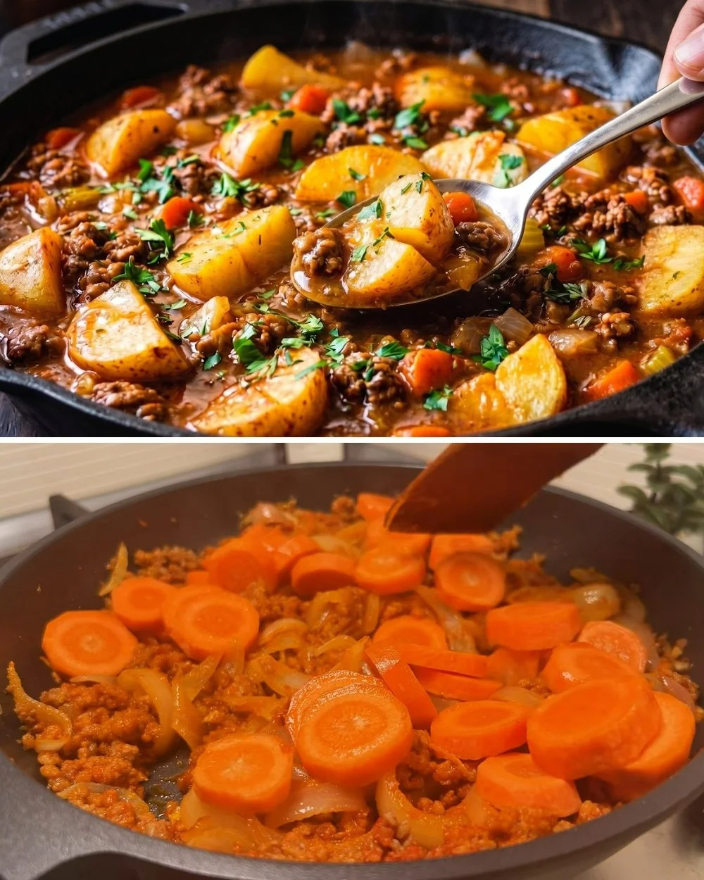 Eenpansdiner met aardappelen en rundergehakt, eenvoudig en smakelijk recept.
