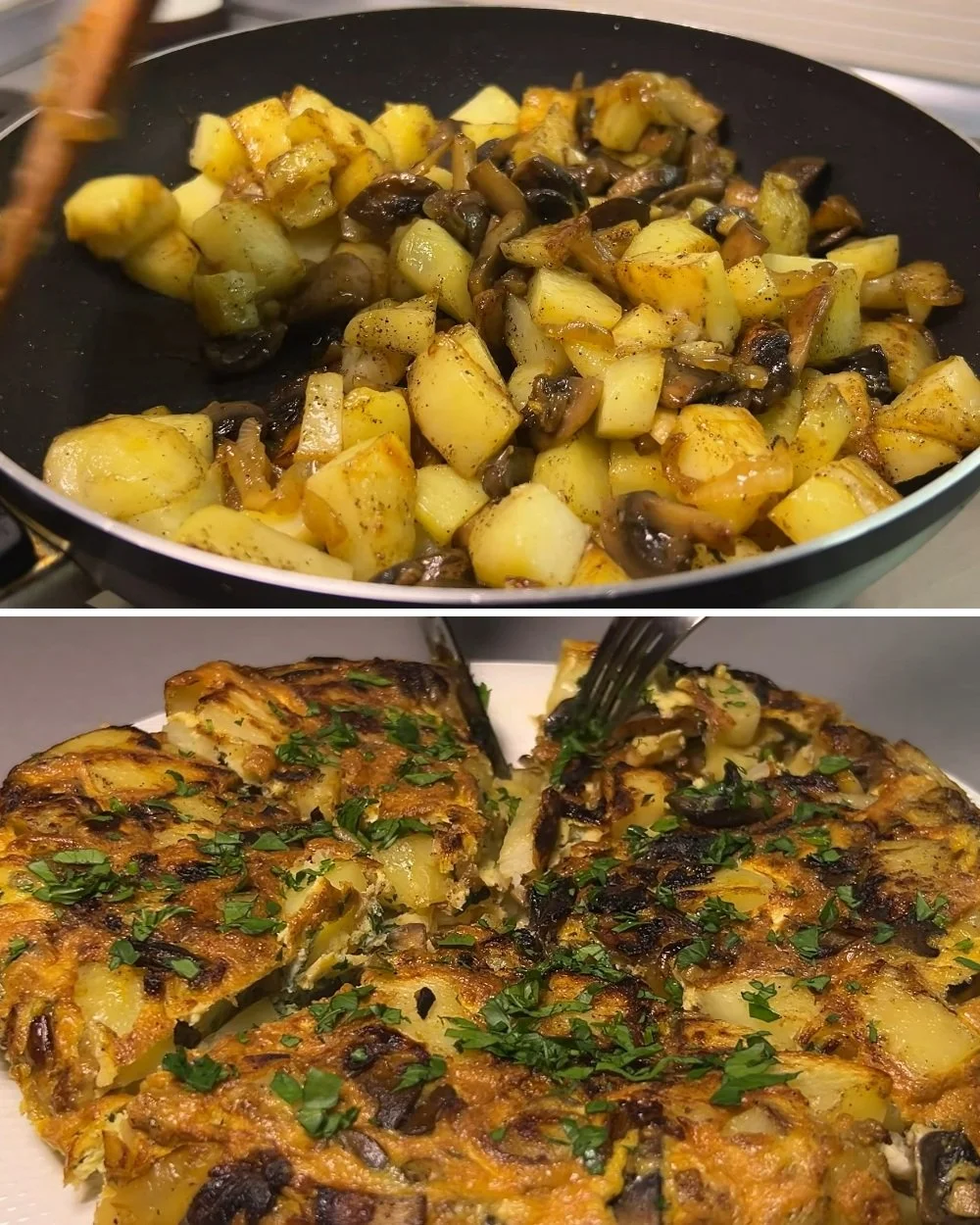 Aardappelen met eieren en champignons bereid in één pan